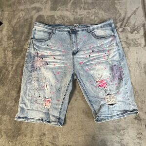 Rock Salt Denim Shorts 46 Pink Paint Splatter Distressed Rip Repair Streetwear